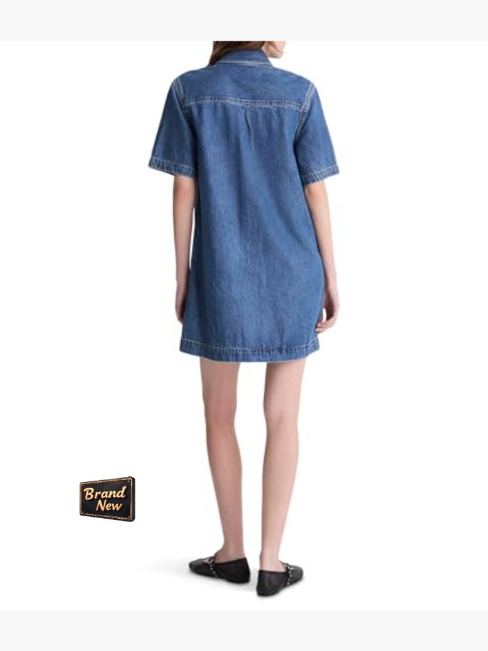 Short sleeve button front mini denim shirt dress with patch pockets - Picture 4 of 5